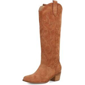 Women Polyurethane Yellow Cowgirl Embroidered Pull-On Knee High Chunky Boots